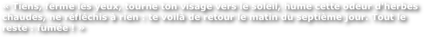 « Tiens, ferme les yeux, tourne ton visage vers le soleil, hume cette odeur d'herbes chaudes, ne réfléchis à rien : te voilà de retour le matin du septième jour. Tout le reste : fumée ! »
                                                                                                            Jean Carrière